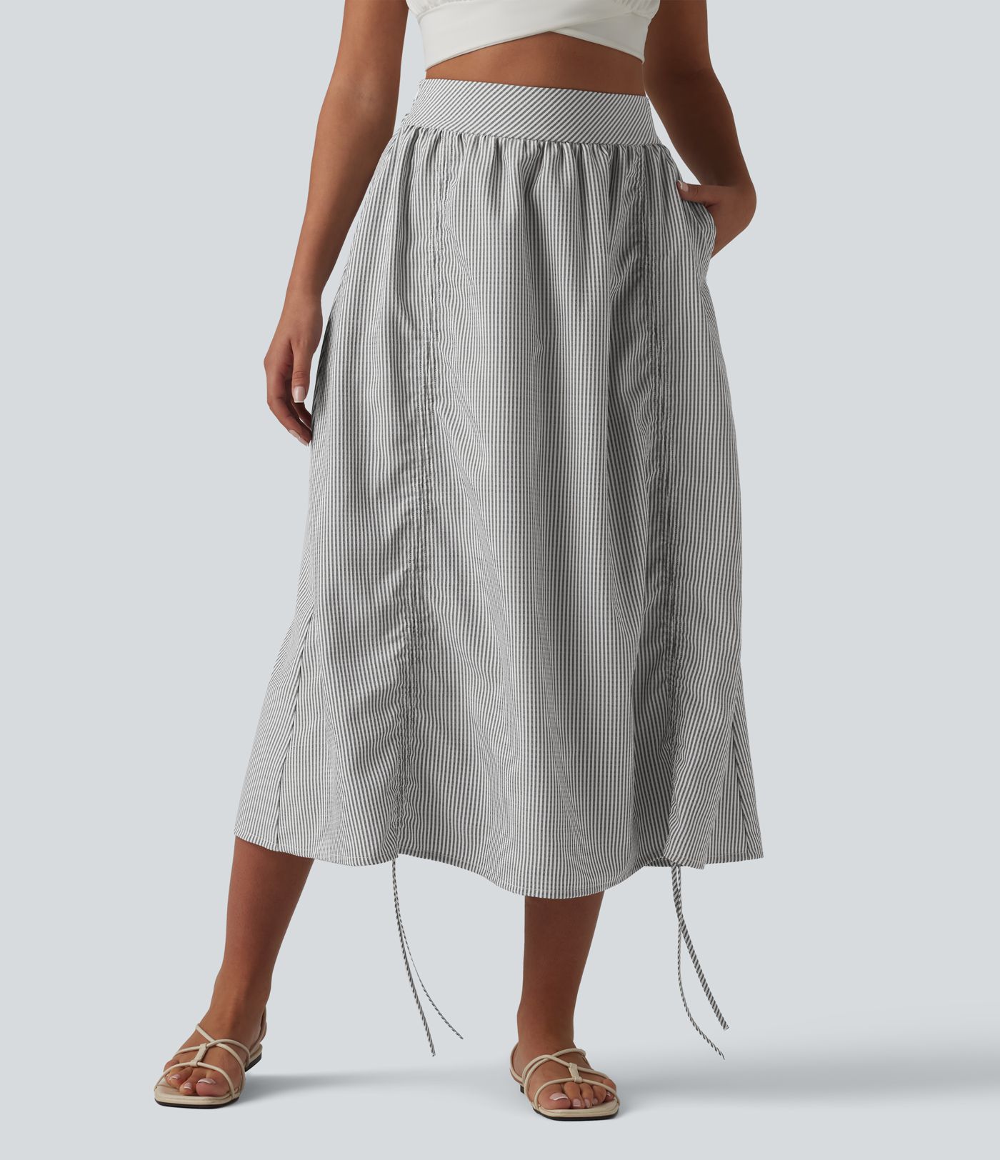 Jupe midi trapèze décontractée à taille haute, poches latérales, cordon de serrage et rayures