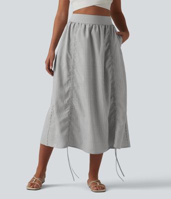 Jupe midi trapèze décontractée à taille haute, poches latérales, cordon de serrage et rayures