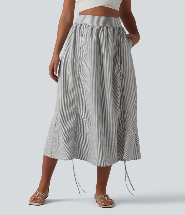 Jupe midi trapèze décontractée à taille haute, poches latérales, cordon de serrage et rayures