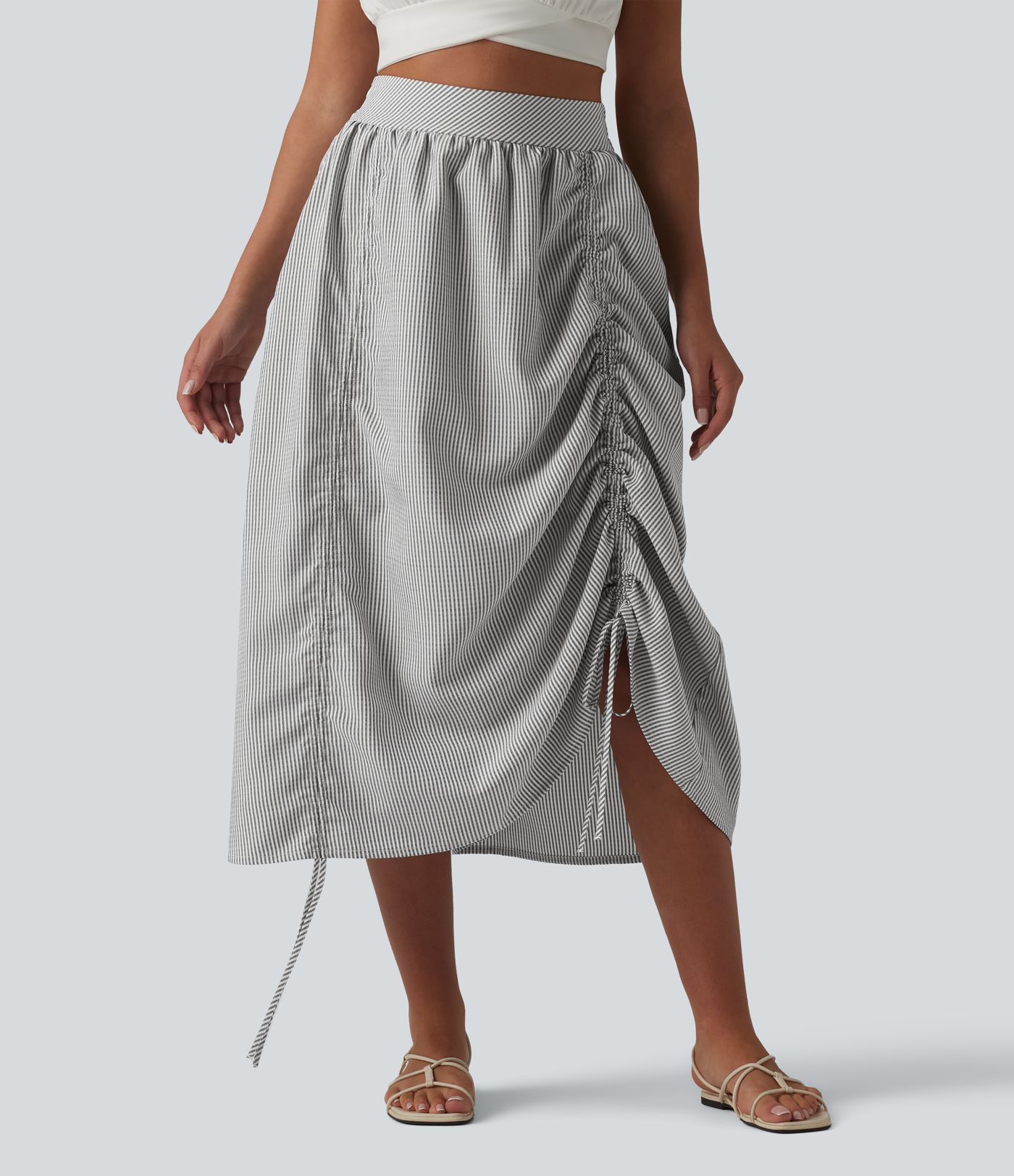 Jupe midi trapèze décontractée à taille haute, poches latérales, cordon de serrage et rayures