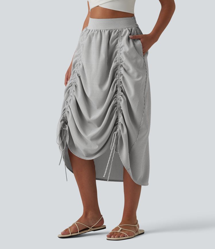 High Waisted Drawstring Stripes Midi Casual A-line Skirt with Pockets High Waisted Drawstring Stripes Midi Casual A-line Skirt with Pockets