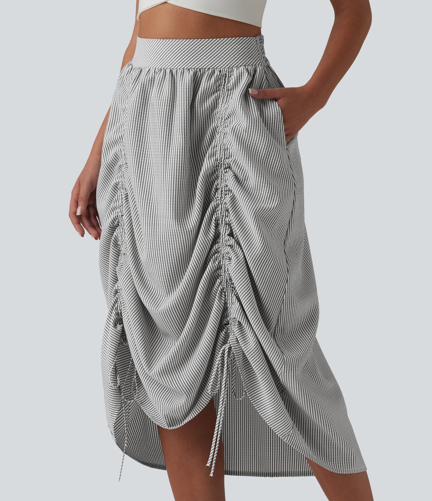 Jupe midi trapèze décontractée à taille haute, poches latérales, cordon de serrage et rayures