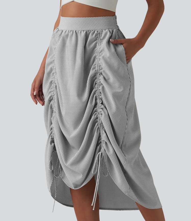 Jupe midi trapèze décontractée à taille haute, poches latérales, cordon de serrage et rayures