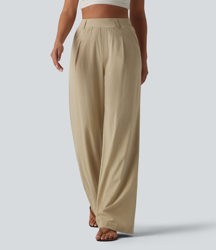 Casual trousers made of stretchy linen with a high waist, side pockets and a straight leg