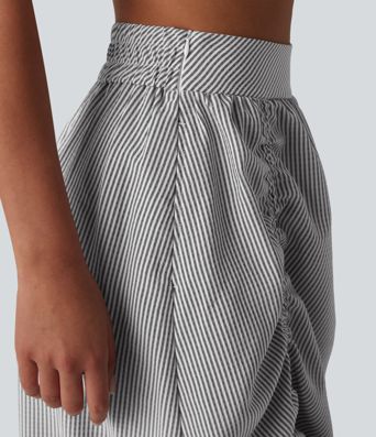 Jupe midi trapèze décontractée à taille haute, poches latérales, cordon de serrage et rayures