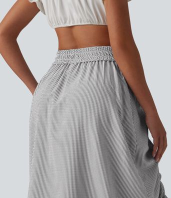 Jupe midi trapèze décontractée à taille haute, poches latérales, cordon de serrage et rayures