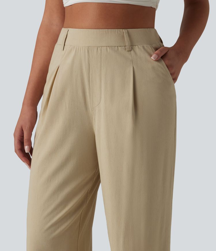 Casual trousers made of stretchy linen with a high waist, side pockets and a straight leg