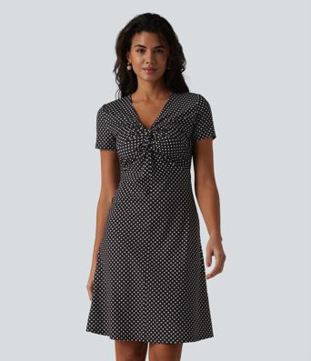 Robe casual à col V, manches courtes et imprimé à pois longueur genou