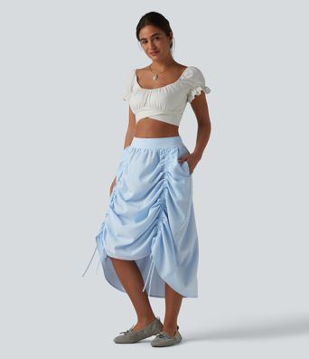 High Waisted Drawstring Stripes Midi Casual A-line Skirt with Pockets