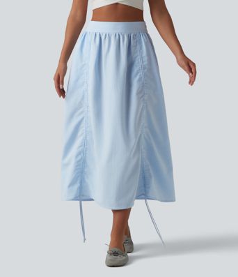 High Waisted Drawstring Stripes Midi Casual A-line Skirt with Pockets