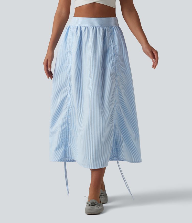 High Waisted Drawstring Stripes Midi Casual A-line Skirt with Pockets
