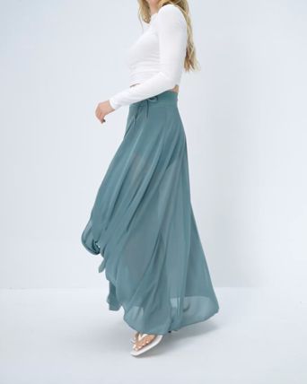 High Waisted Drawstring Contrast Mesh 2-in-1 Side Pocket Flowy Maxi Flare Casual Skirt