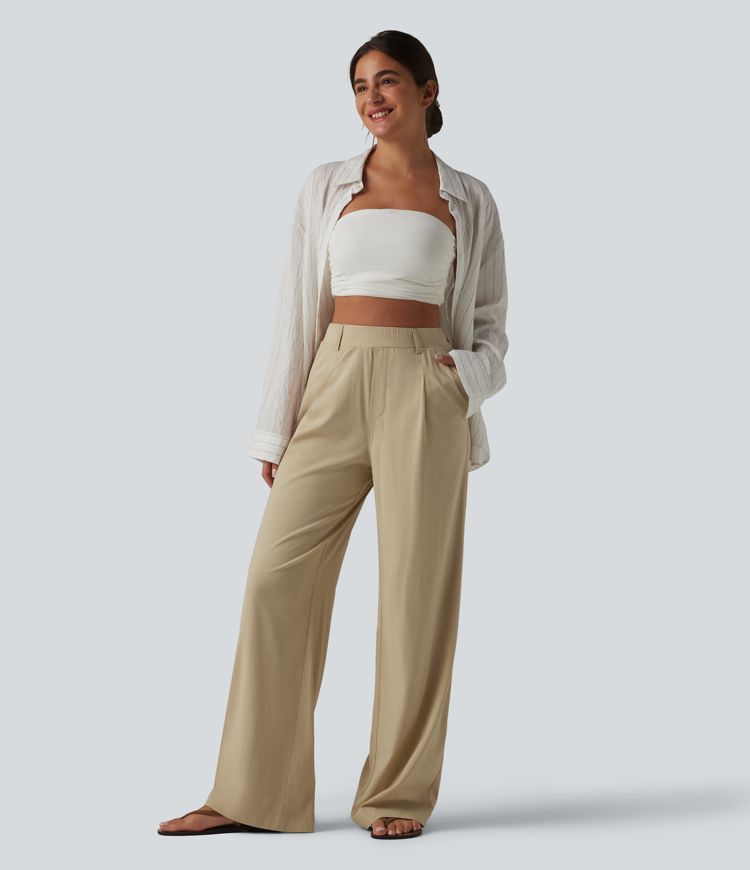 Casual trousers made of stretchy linen with a high waist, side pockets and a straight leg