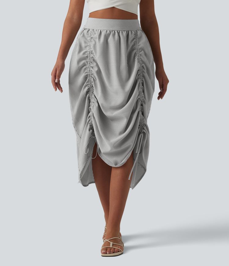 Jupe midi trapèze décontractée à taille haute, poches latérales, cordon de serrage et rayures