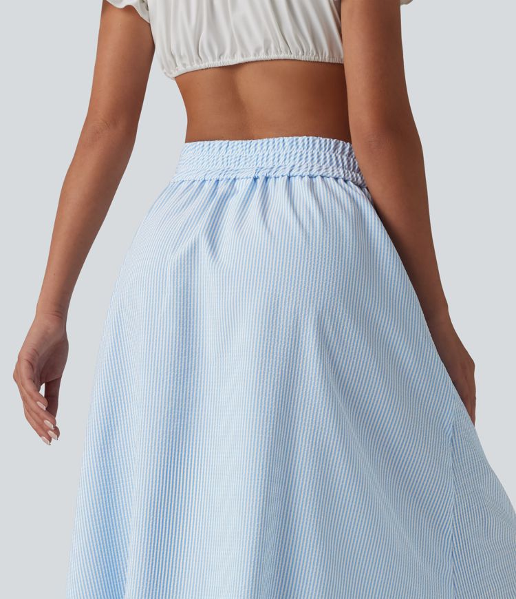 High Waisted Drawstring Stripes Midi Casual A-line Skirt with Pockets