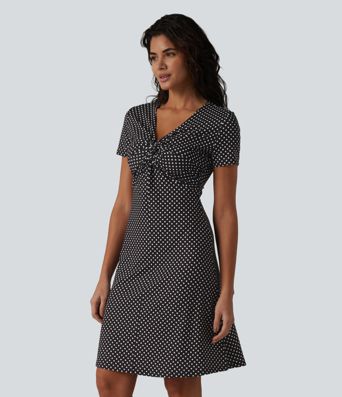 Robe casual à col V, manches courtes et imprimé à pois longueur genou