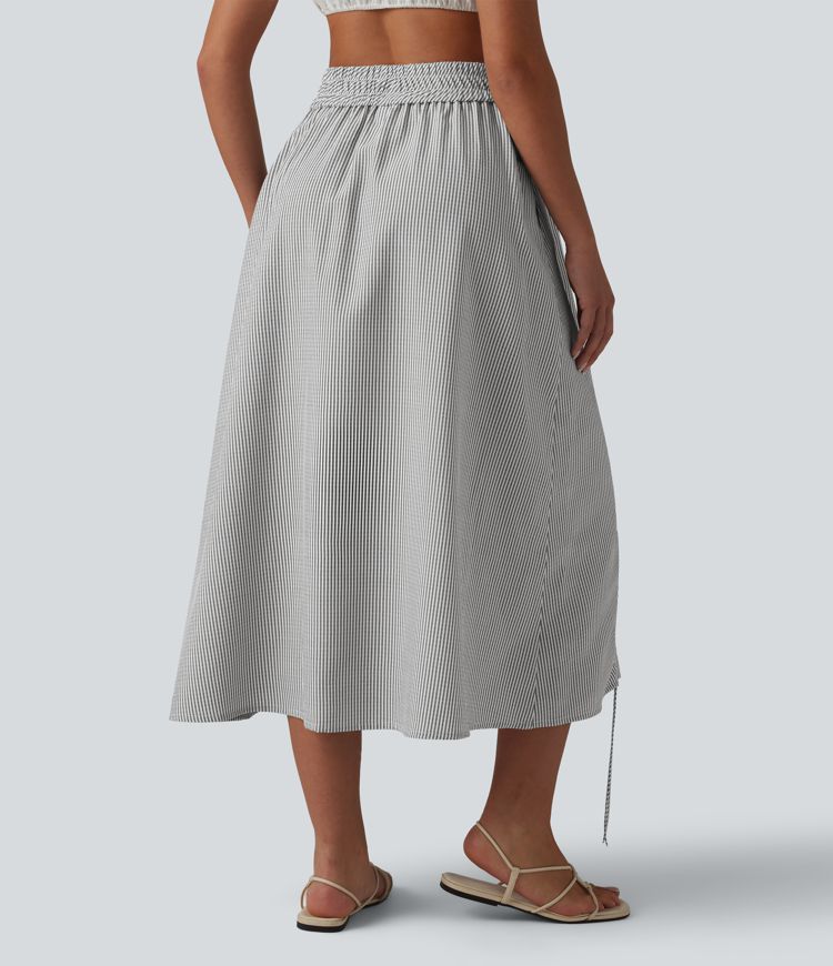 Jupe midi trapèze décontractée à taille haute, poches latérales, cordon de serrage et rayures