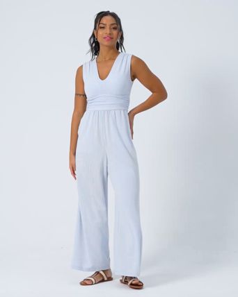 V Neck Sleeveless Built-in Bra Stripe Casual Jumpsuit with Pockets-Easy Peezy Edition