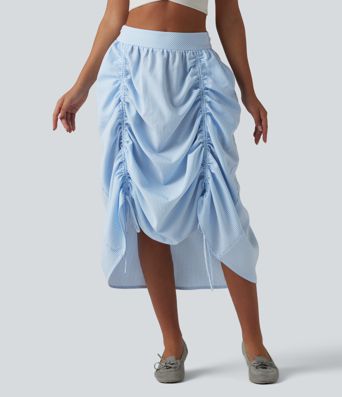 High Waisted Drawstring Stripes Midi Casual A-line Skirt with Pockets
