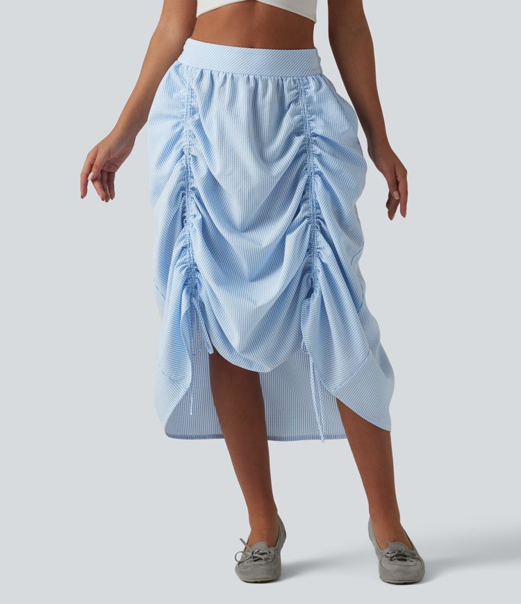 High Waisted Drawstring Stripes Midi Casual A-line Skirt with Pockets