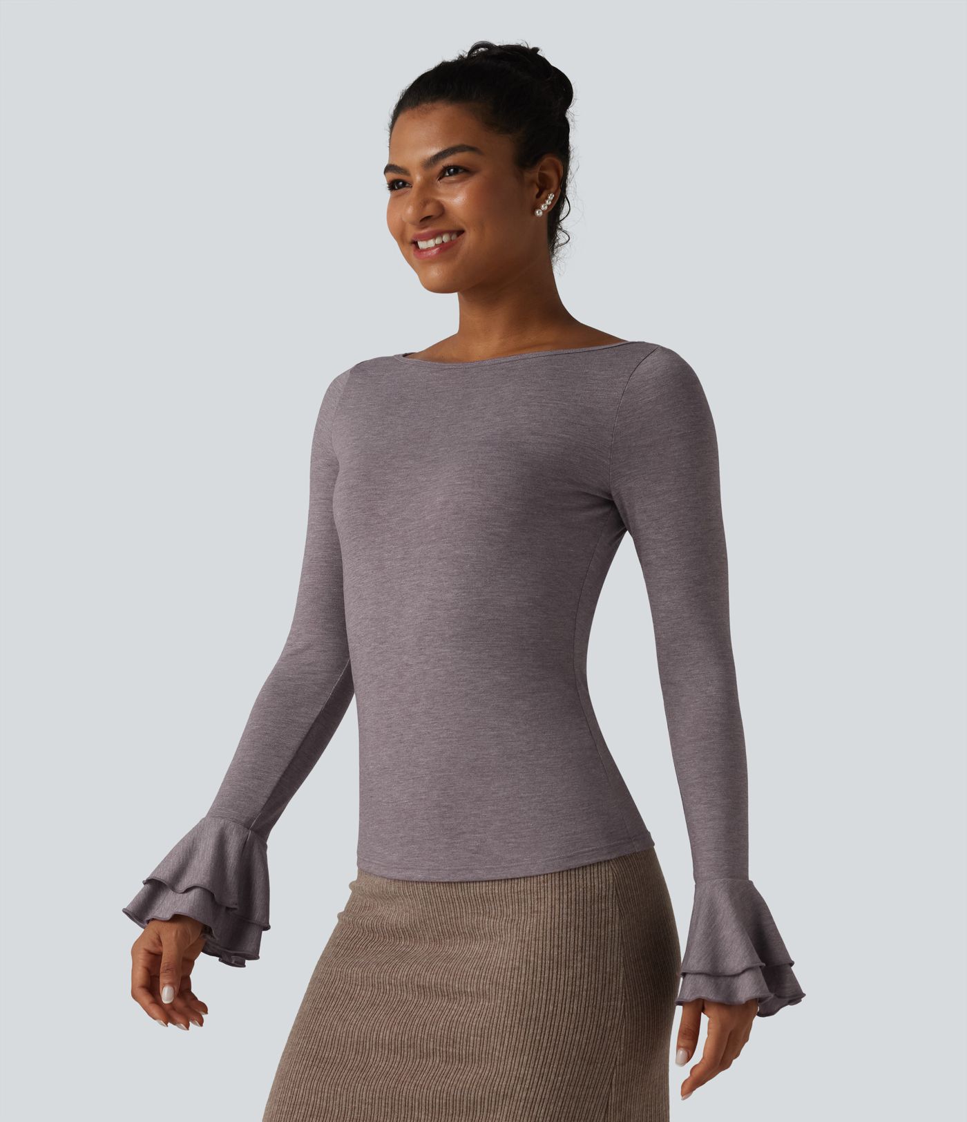 Boat Neck Flounce Long Sleeve Party Top