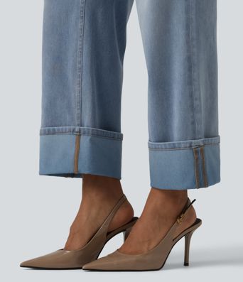 Halara Flex™ - Lässige, verwaschene Jeans mit hohem Bund, mehreren Taschen, umgeschlagenen Bündchen und geradem Bein