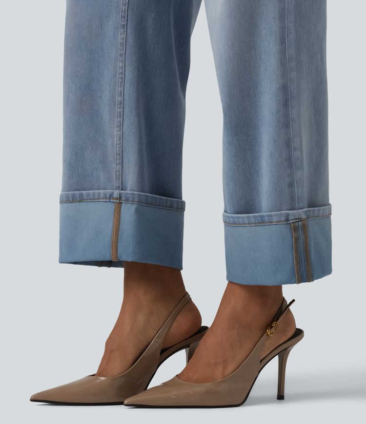 Halara Flex™ - Lässige, verwaschene Jeans mit hohem Bund, mehreren Taschen, umgeschlagenen Bündchen und geradem Bein