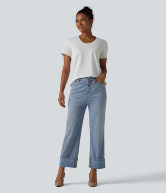 Halara Flex™ - Lässige, verwaschene Jeans mit hohem Bund, mehreren Taschen, umgeschlagenen Bündchen und geradem Bein