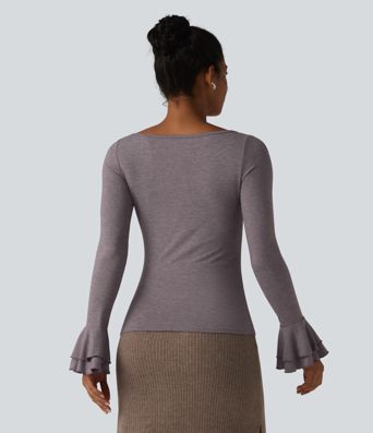 Boat Neck Flounce Long Sleeve Party Top