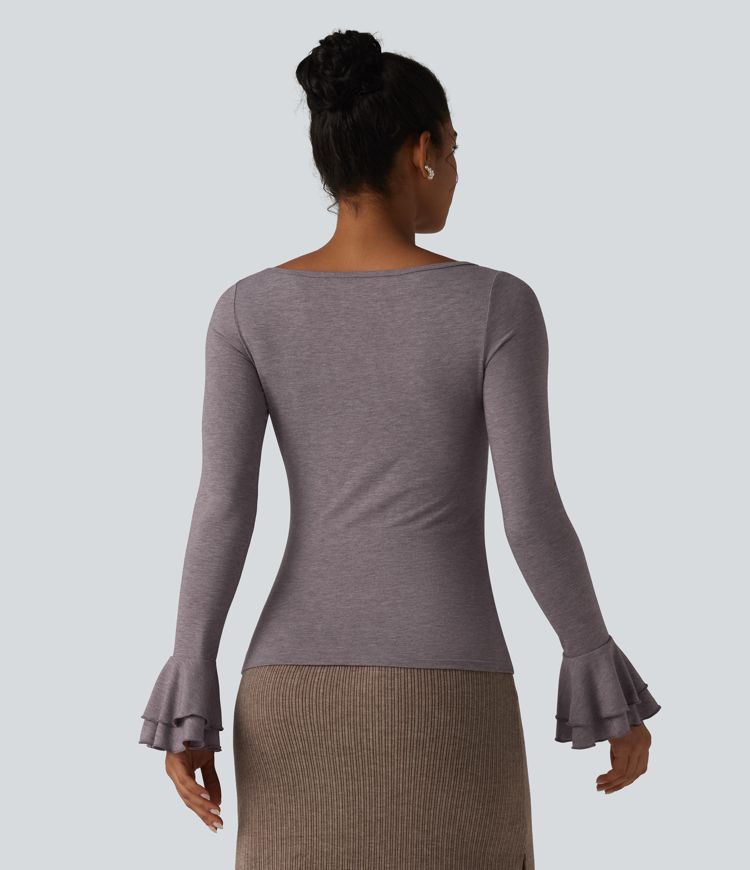 Boat Neck Flounce Long Sleeve Party Top