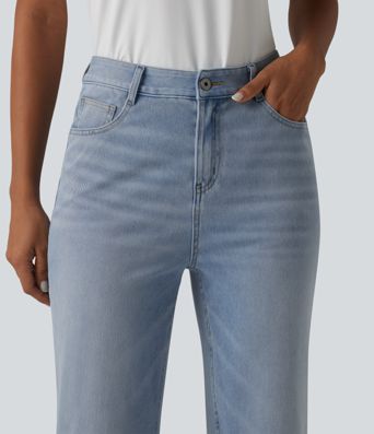 Halara Flex™ - Lässige, verwaschene Jeans mit hohem Bund, mehreren Taschen, umgeschlagenen Bündchen und geradem Bein
