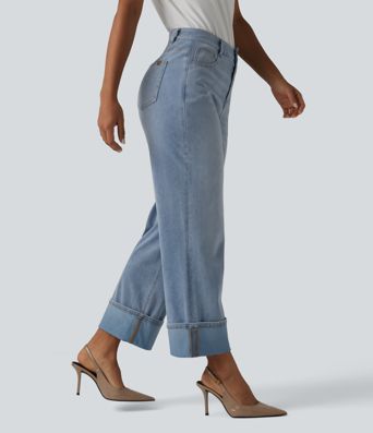 Halara Flex™ - Lässige, verwaschene Jeans mit hohem Bund, mehreren Taschen, umgeschlagenen Bündchen und geradem Bein