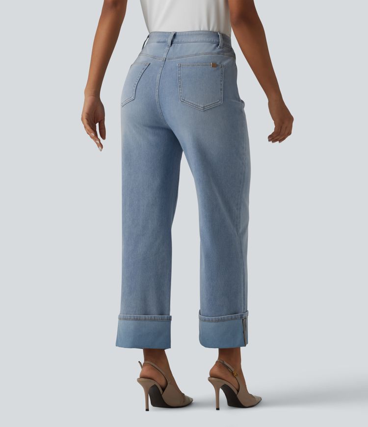 Halara Flex™ - Lässige, verwaschene Jeans mit hohem Bund, mehreren Taschen, umgeschlagenen Bündchen und geradem Bein