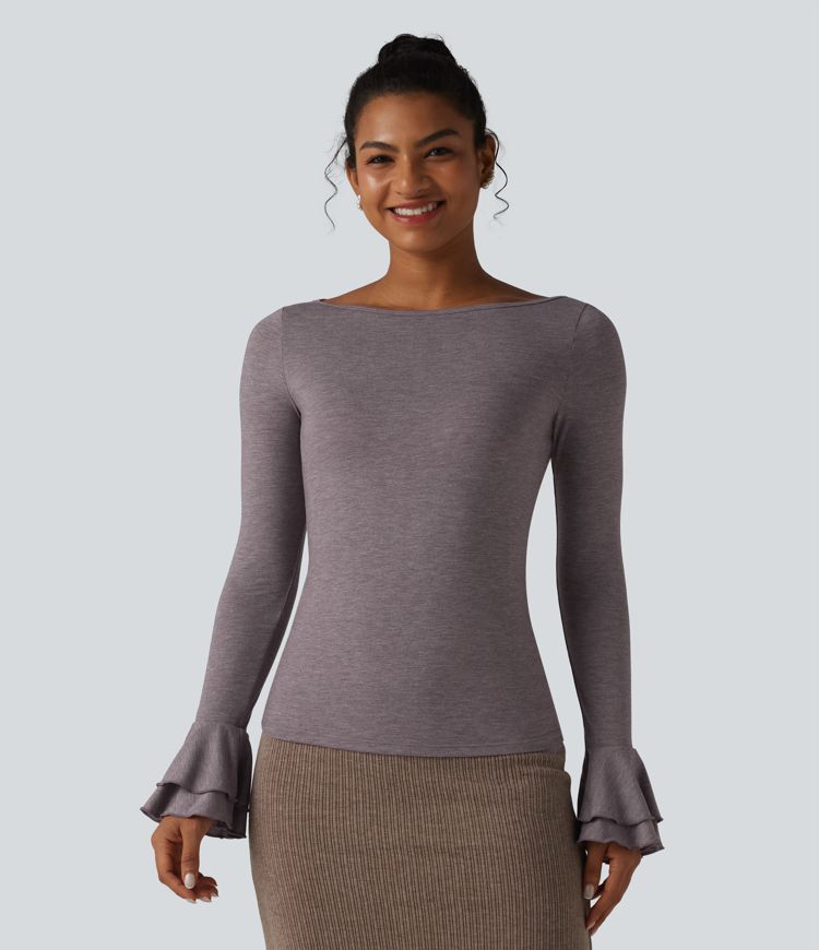 Boat Neck Flounce Long Sleeve Party Top