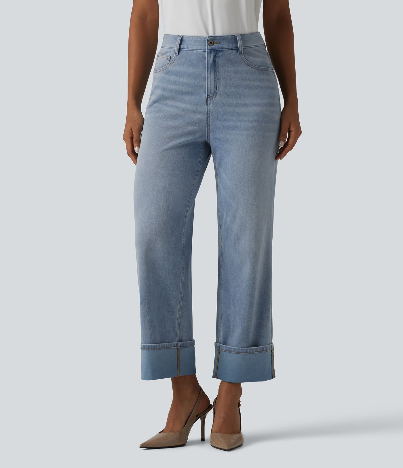 Halara Flex™ - Lässige, verwaschene Jeans mit hohem Bund, mehreren Taschen, umgeschlagenen Bündchen und geradem Bein