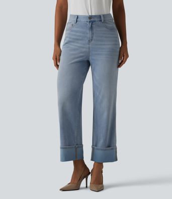 Halara Flex™ - Lässige, verwaschene Jeans mit hohem Bund, mehreren Taschen, umgeschlagenen Bündchen und geradem Bein