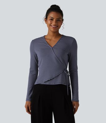 Ribbed Knit Stripes Deep V-Neck Long Sleeve Wrapped Tie-side Casual Top