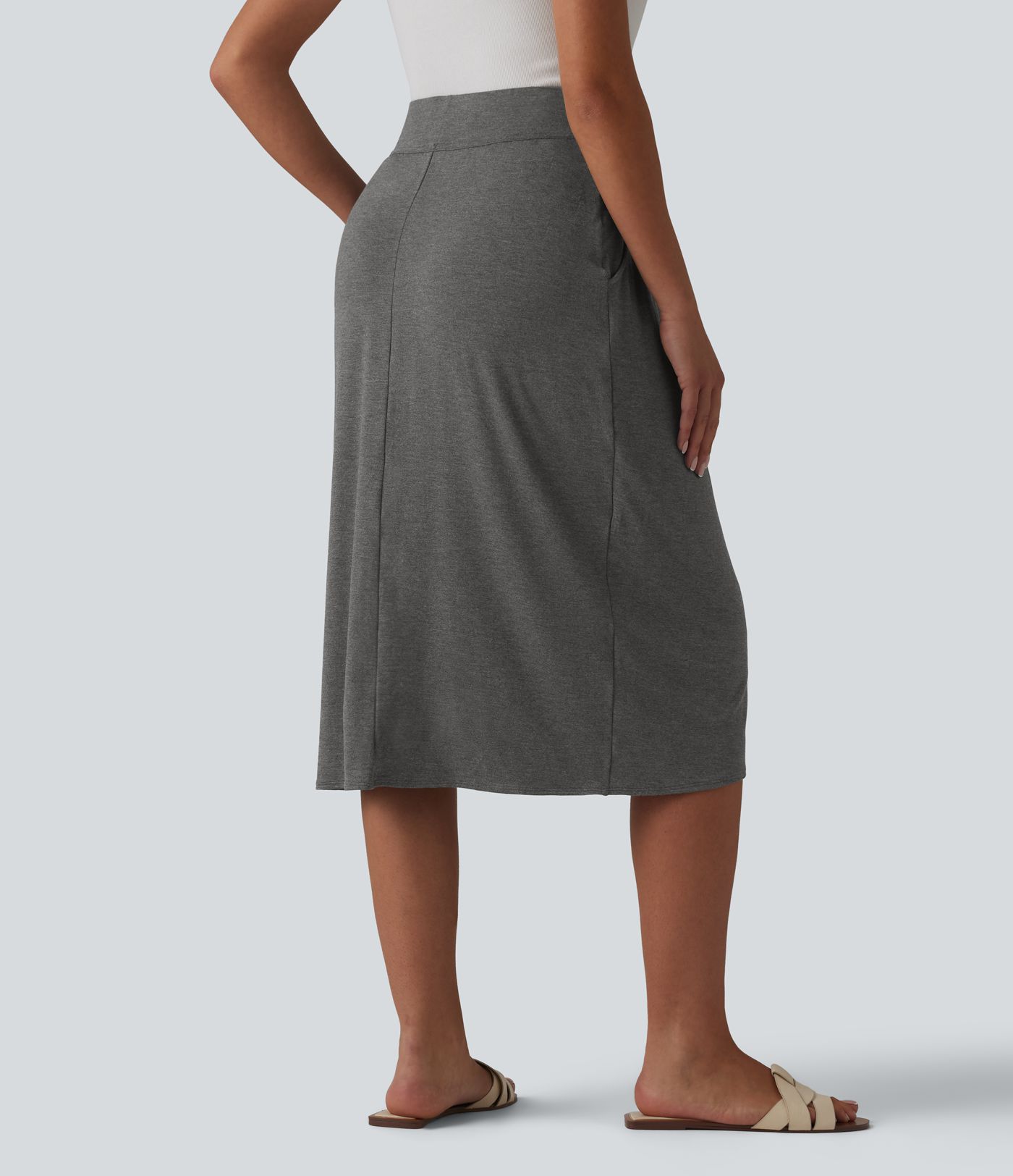 High Waisted Tulip Hem Midi Casual Skirt with Pockets