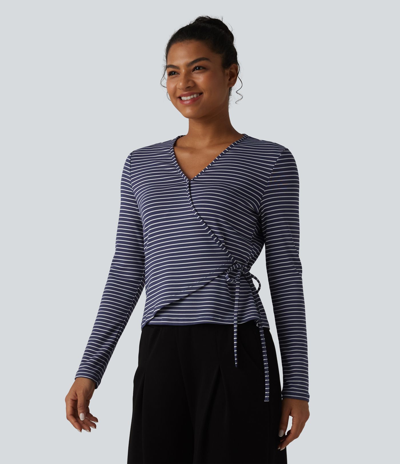 Ribbed Knit Stripes Deep V-Neck Long Sleeve Wrapped Tie-side Casual Top