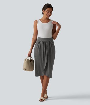 High Waisted Tulip Hem Midi Casual Skirt with Pockets