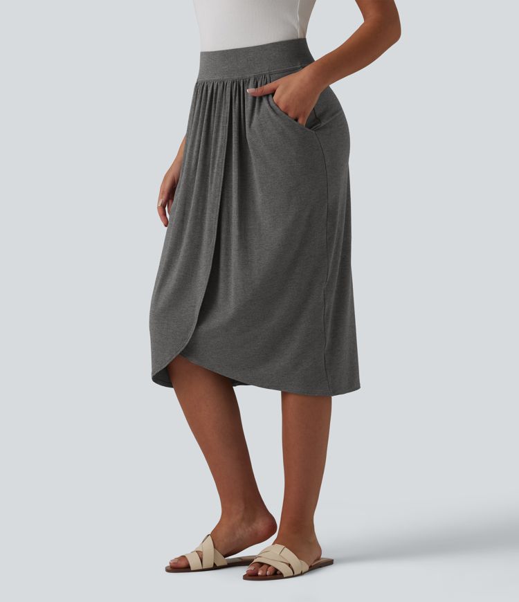 High Waisted Tulip Hem Midi Casual Skirt with Pockets