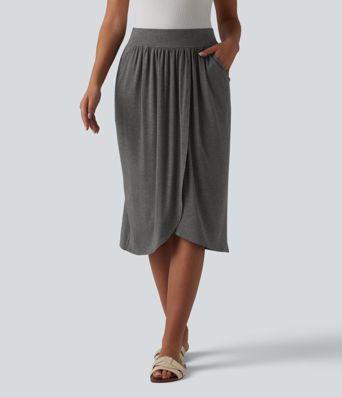 High Waisted Tulip Hem Midi Casual Skirt with Pockets