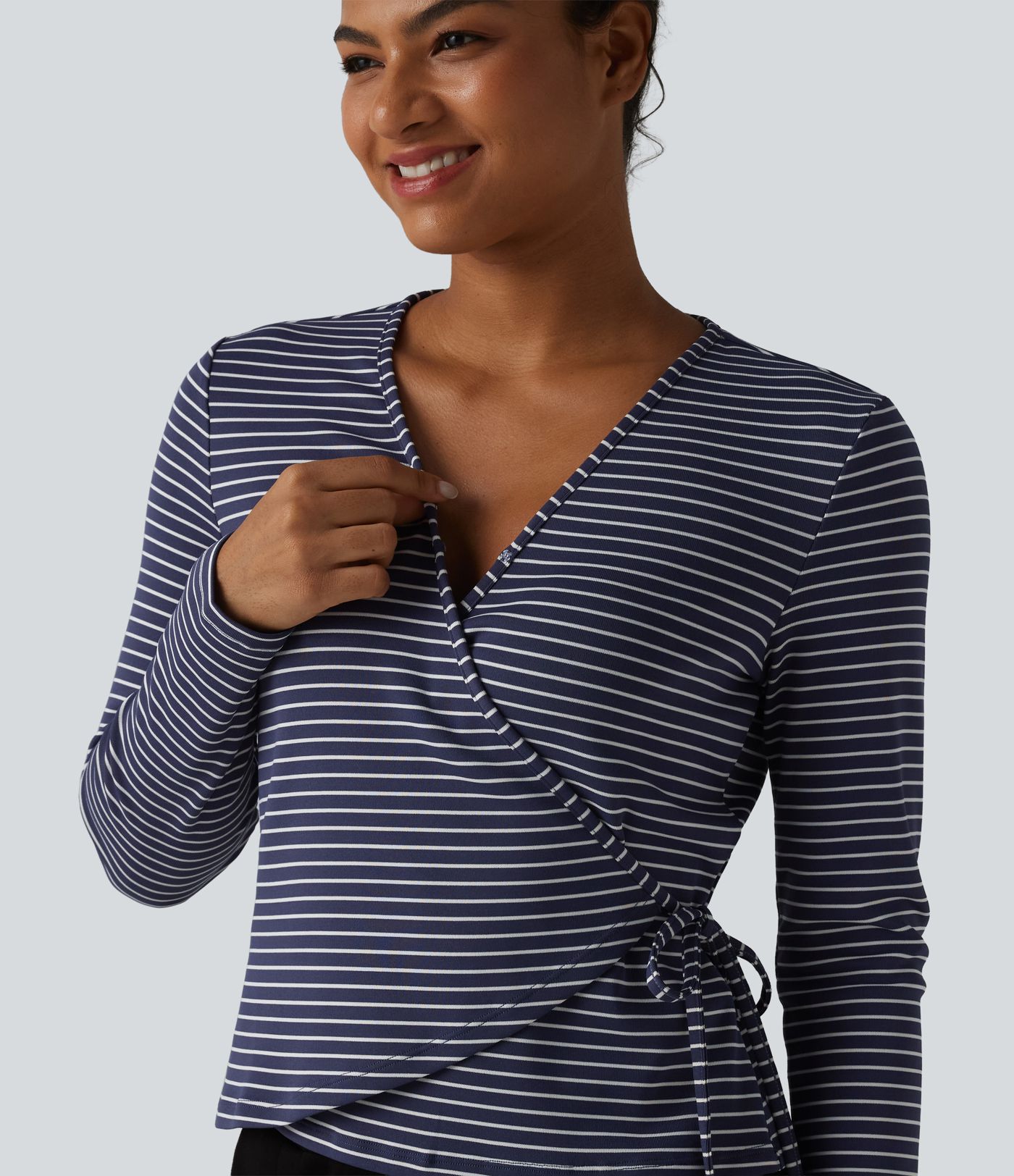 Ribbed Knit Stripes Deep V-Neck Long Sleeve Wrapped Tie-side Casual Top