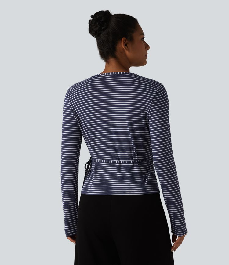 Ribbed Knit Stripes Deep V-Neck Long Sleeve Wrapped Tie-side Casual Top