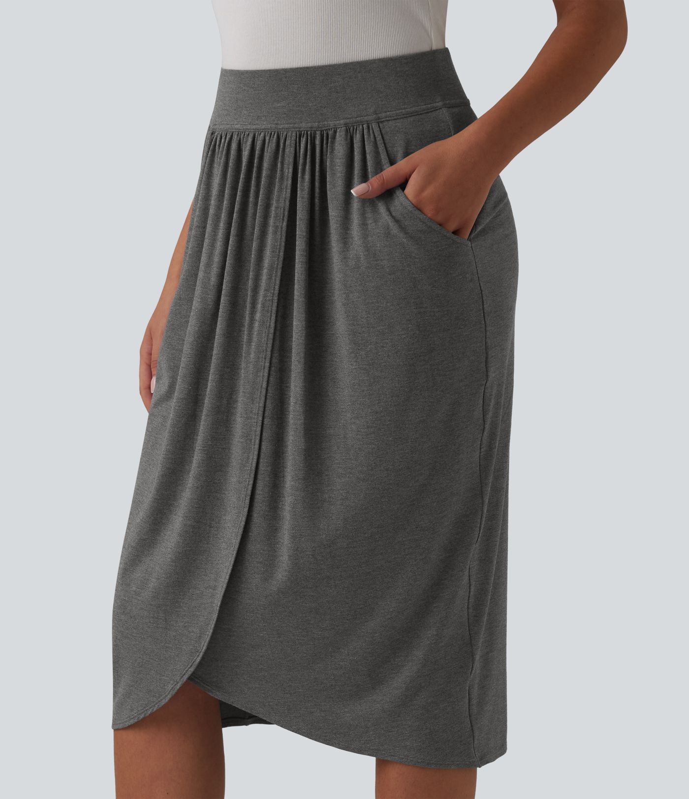 High Waisted Tulip Hem Midi Casual Skirt with Pockets
