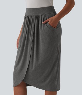 High Waisted Tulip Hem Midi Casual Skirt with Pockets