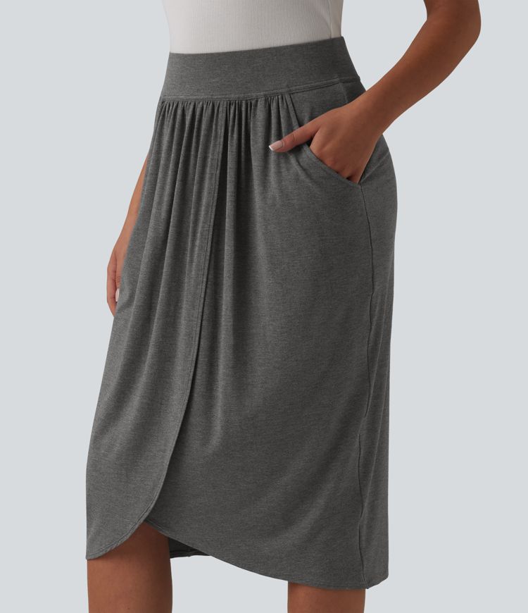 High Waisted Tulip Hem Midi Casual Skirt with Pockets