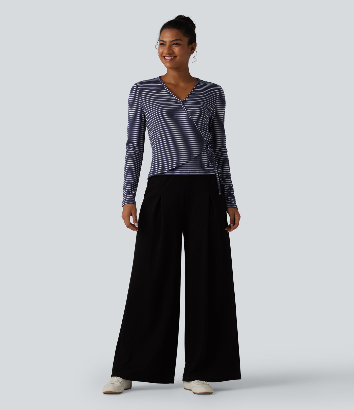 Ribbed Knit Stripes Deep V-Neck Long Sleeve Wrapped Tie-side Casual Top