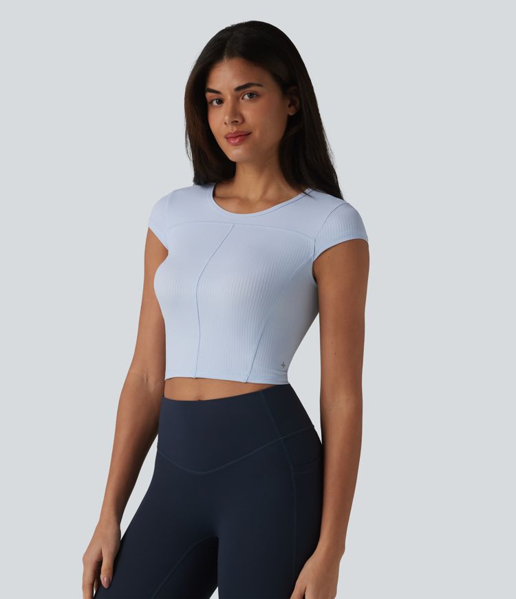 Ribbed Knit Round Neck Short Sleeve Cropped Yoga Sports Top