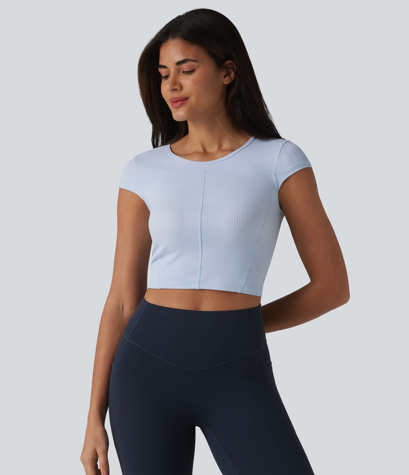 Ribbed Knit Round Neck Short Sleeve Cropped Yoga Sports Top